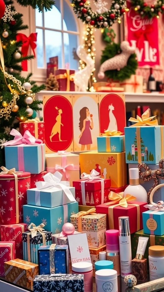 Top Christmas Gift Ideas for Teenage Girls A festive arrangement of Christmas gifts for teenage girls including accessories, beauty products, and colorful gift boxes.